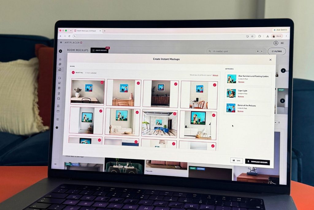 Screenshot of the Create Instant Mockups screen showing twelve curated room mockups generated from three selected artworks