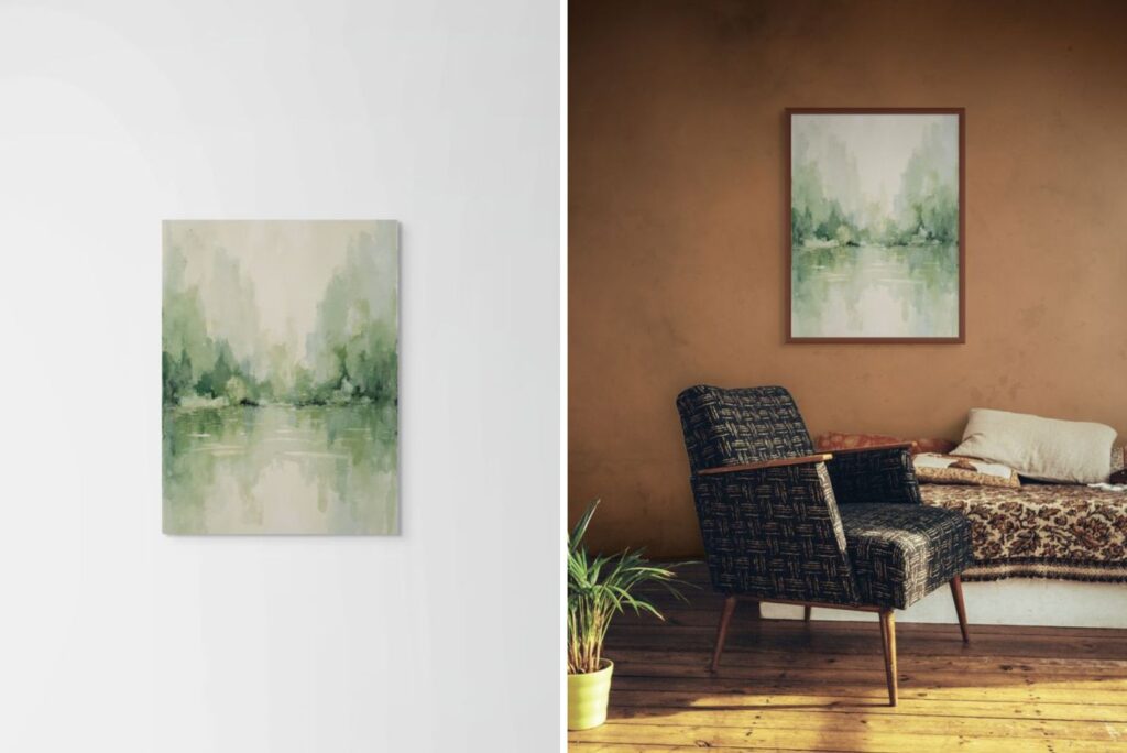 Before and after comparison showing a watercolor landscape painting on a plain white wall versus the same artwork displayed in a warm terracotta bedroom, created with ArtPlacer's Room Mockups, a wall art visualizer.