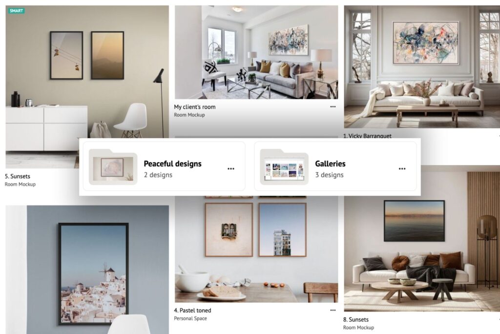 A screenshot of the My Designs section of ArtPlacer’s interface. In the center, a screenshot of two folders named “Peaceful designs” and “Galleries”.