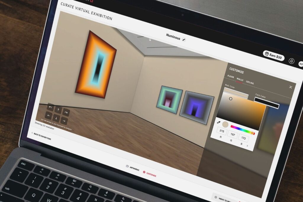 Color customization options for walls, floors, and ceilings inside ArtPlacerâs Virtual Exhibitions.
