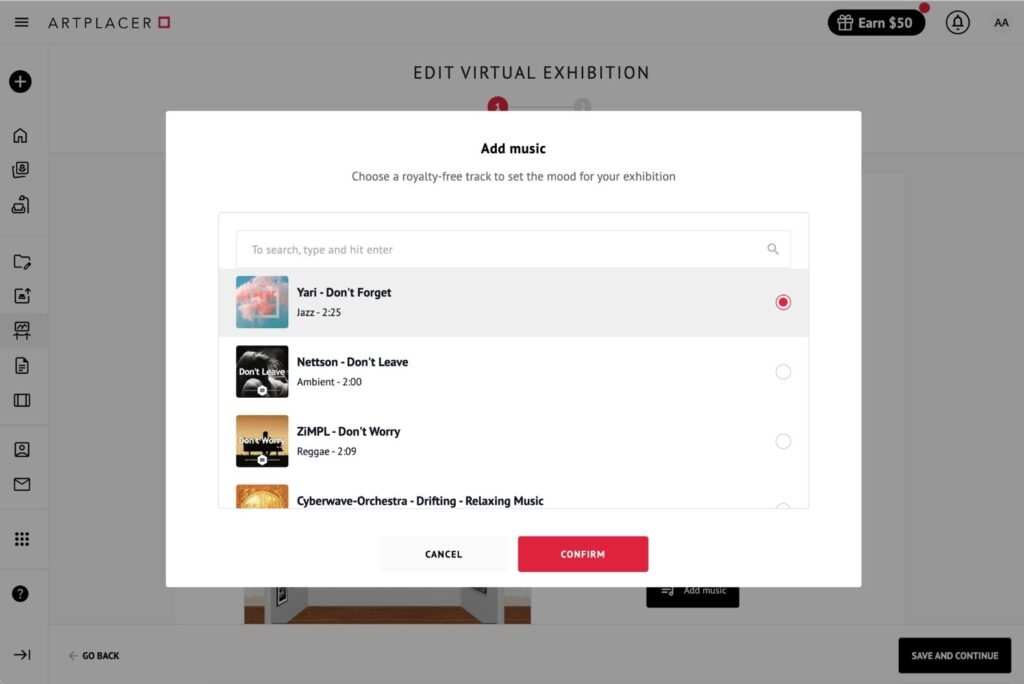 Screenshot of the curated music library interface inside ArtPlacer’s Virtual Exhibition.