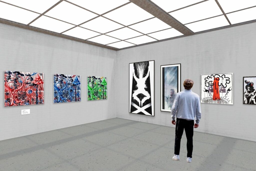 ArtPlacerâs 3D Virtual Exhibition with artworks on the walls, viewed from inside the exhibition space