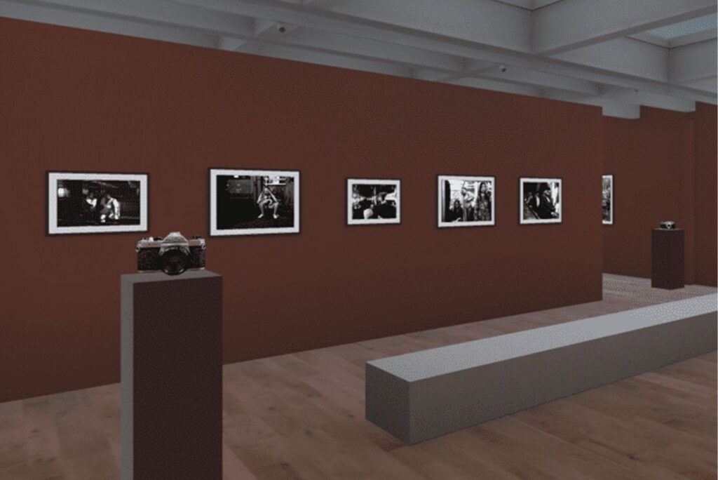 ArtPlacerâs Virtual Exhibition venue Vincent, with 2D and 3D artworks displayed and the wall color customized to a deep brownish red that enhances the artwork.