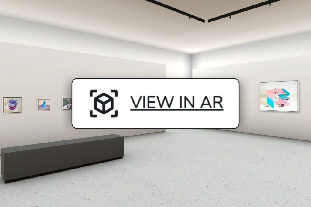 A screenshot of an ArtPlacer Virtual Exhibition with a superimposed screenshot of the “View in AR” button. Users can enable AR inside Virtual Exhibitions so collectors can try the art in their own spaces.