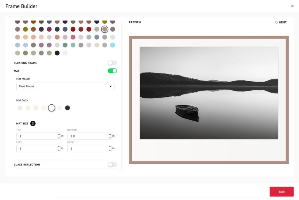Picture frame visualizer tool showing frame color, floating mount, and mat size options for framing canvas art.