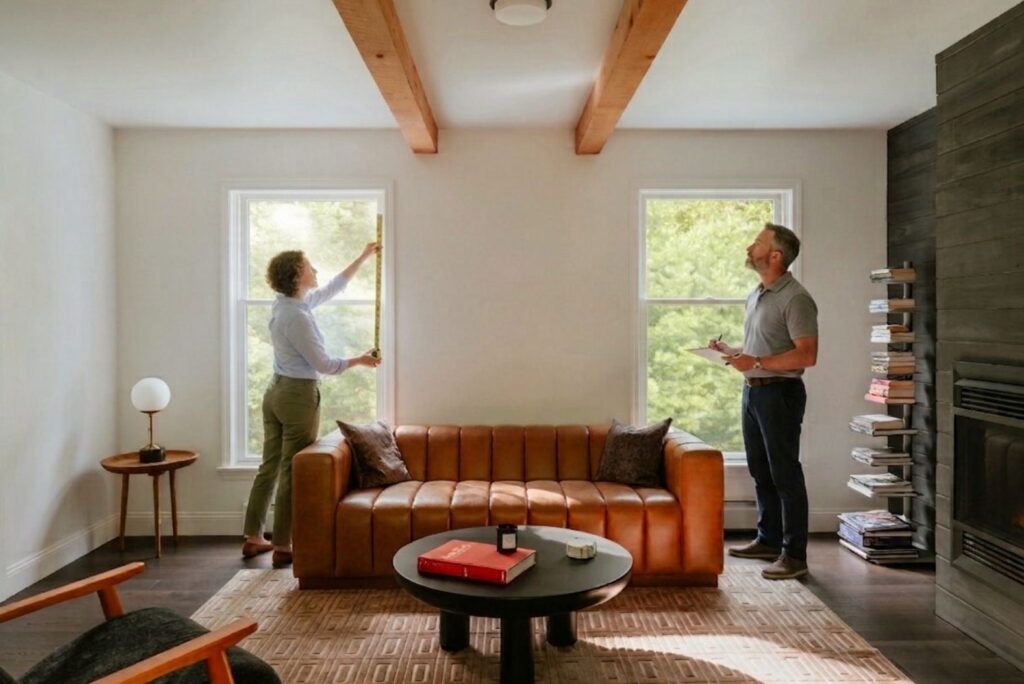Couple measuring wall space above a sofa to plan wall art size and placement.