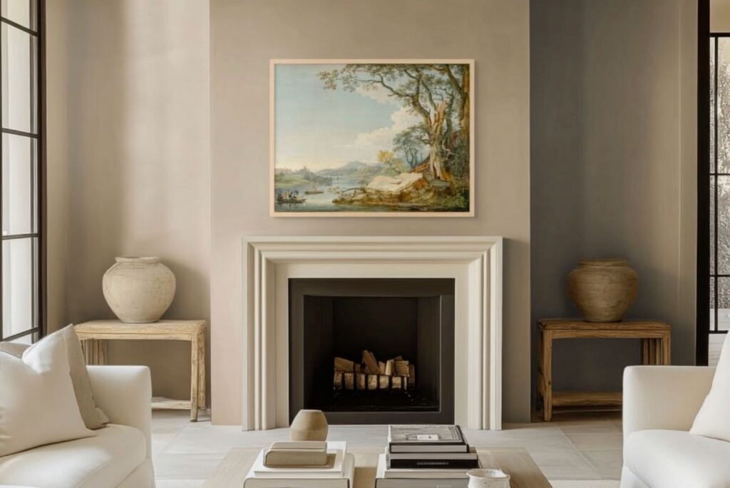 Large landscape painting hung above a fireplace, sized, and placed using wall art guidelines.