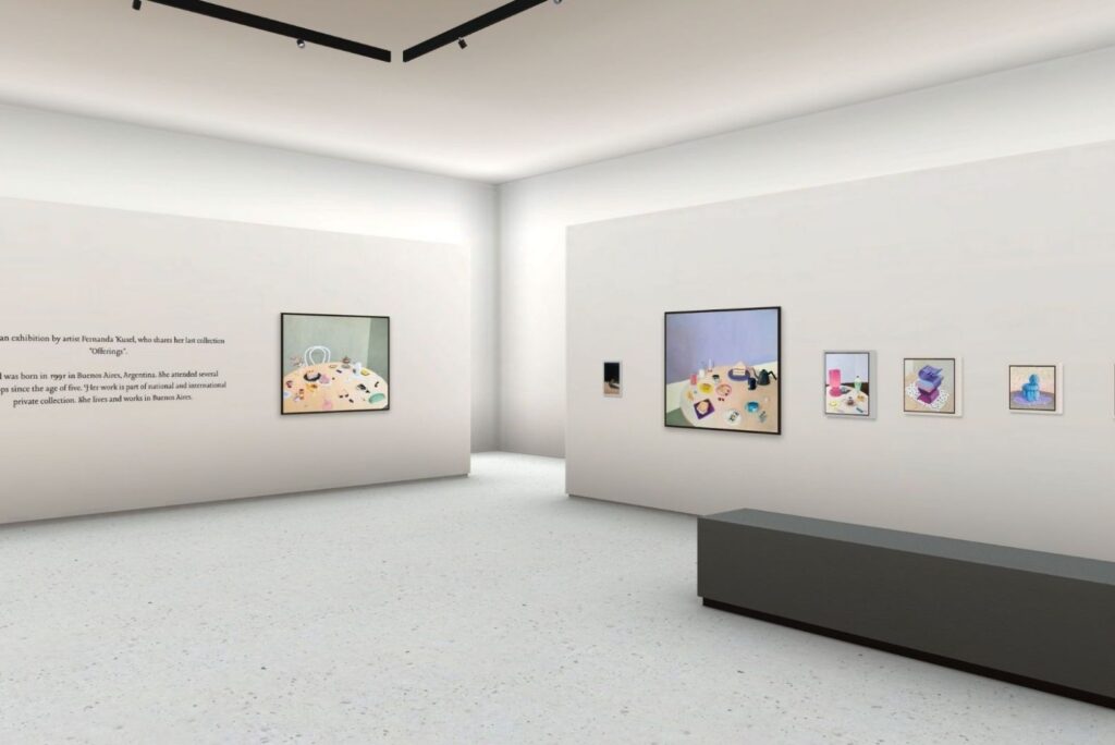 3D virtual art gallery with colorful still-life paintings on white walls and exhibition wall text.