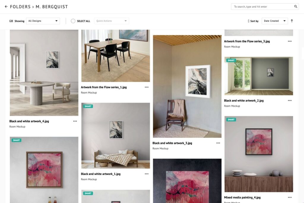 A folder inside My Designs in the ArtPlacer app, showing several saved Room Mockups created with Instant Mockups.