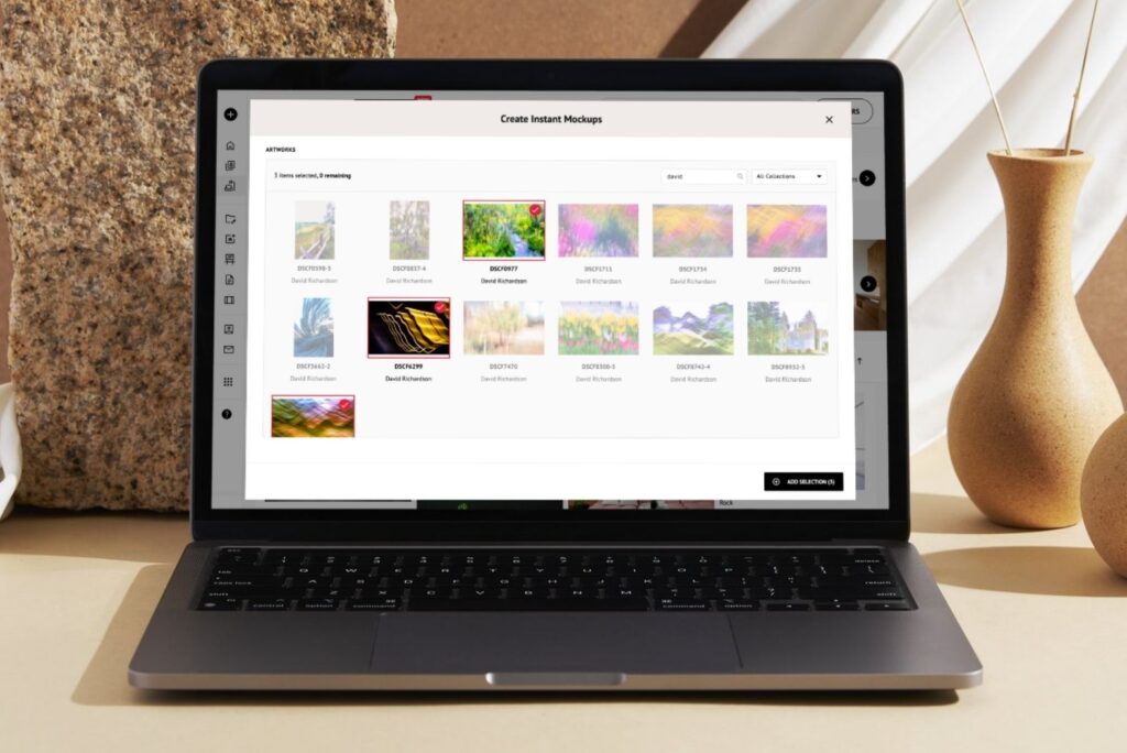 The Create Instant Mockups modal showing artworks filtered by search, with three pieces selected.